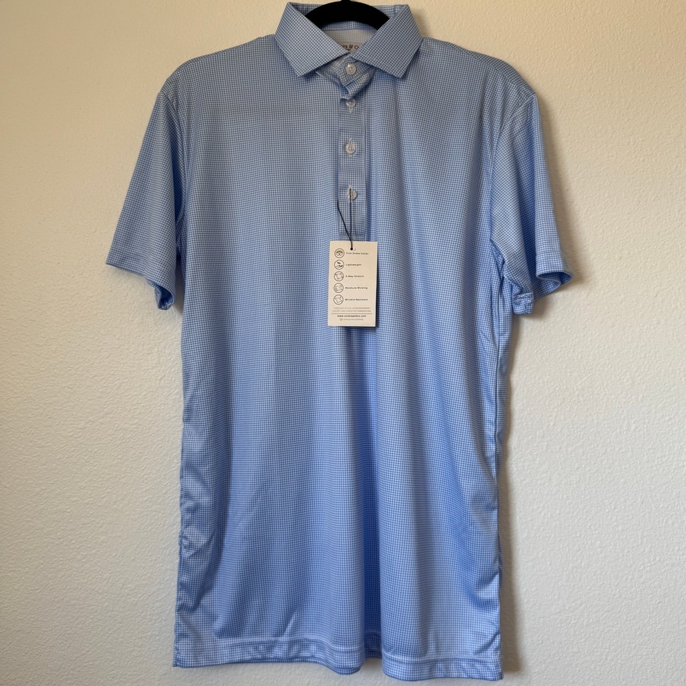 Collars & Co‎ Mens S Blue Houndstooth Dress Collar Polo Shirt 4-Way Stretch NWT